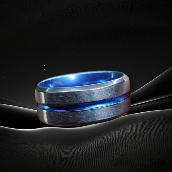 8MM NWT Stainless Steel Black with Center Blue Streak Ring, Size 10 - Picture 8 of 8